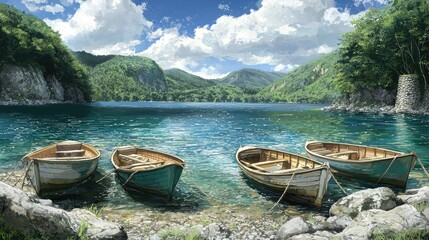 Wall Mural - Calm lake, mountain boats, summer day, scenic background, travel poster