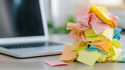 Poster - Chaotic pile of colorful sticky notes sits next to a laptop, symbolizing multitasking and stress in a busy work environment. The scene captures the essence of time management challenges
