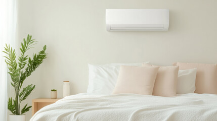 Aufkleber - cozy bedroom with white reverse cycle air conditioner mounted on light wall, soft bedding, and neutral toned pillows, complemented by green plant
