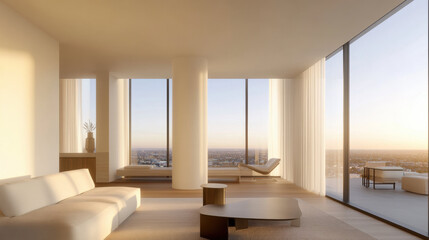 Aufkleber - modern minimalist living room with large floor to ceiling windows, neutral furniture, and serene city view at sunset