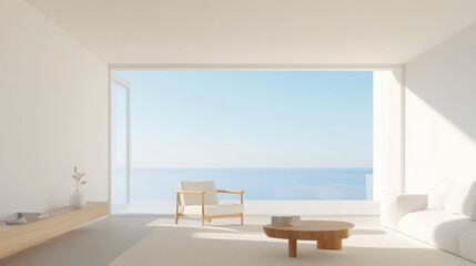 Aufkleber - minimalist living room with wooden chair, coffee table, and ocean view through large window, evoking tranquility