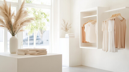 Fototapete - minimalist clothing store with neutral toned tops on wooden hangers, folded garments on white table, and pampas grass in vase