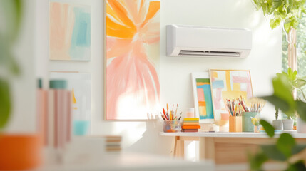 Poster - bright and colorful art studio with reverse cycle air conditioner on wall, surrounded by vibrant paintings, art supplies, and natural light