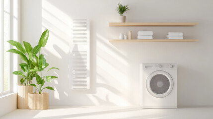 Aufkleber - modern laundry room with white washing machine, wooden shelves, folded towels, and potted plants, illuminated by natural sunlight