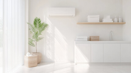 Aufkleber - modern, minimalist bathroom with reverse cycle air conditioner, white cabinets, wicker baskets, and potted plant, creating serene atmosphere