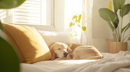 Aufkleber - golden retriever puppy peacefully sleeping on cozy bed with sunlight streaming through window, surrounded by green indoor plants