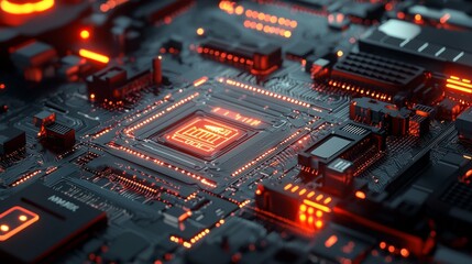 Poster - High-Tech Circuit Board with Glowing Orange Elements and Details