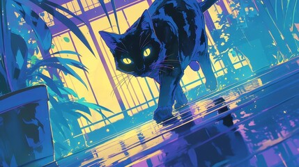 Naklejka na meble City Pop Cat, vibrant anime scene featuring a sleek black cat darting past a neon-lit movie theater marquee, bold outlines, simple colors, and a pop art aesthetic.