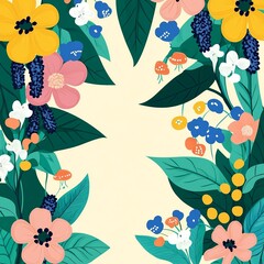 Poster - A delicate vector background featuring lush plants and blooming flowers, creating a fresh and natural atmosphere.

