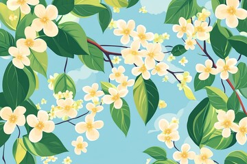Aufkleber - A delicate vector background featuring lush plants and blooming flowers, creating a fresh and natural atmosphere.

