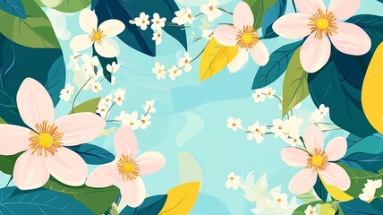 Leinwandbilder - A delicate vector background featuring lush plants and blooming flowers, creating a fresh and natural atmosphere.

