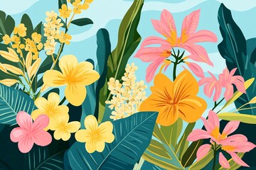 Aufkleber - A delicate vector background featuring lush plants and blooming flowers, creating a fresh and natural atmosphere.

