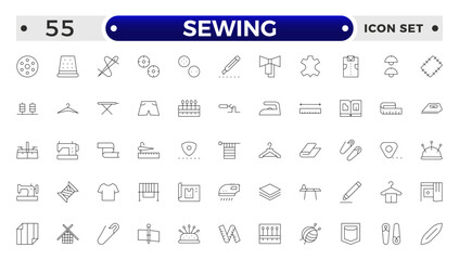 Simple Set of Sewing outline icon, knitting and cloth repair Related Vector Line Icons. Contains thin Icons as Leather, Thimble, Needle and more.Sewing equipment and needlework line icons set.