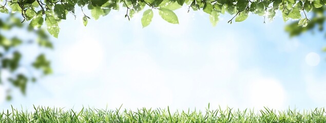 Wall Mural - Fresh grass and leaves frame a bright, sunny day. Background for overlay