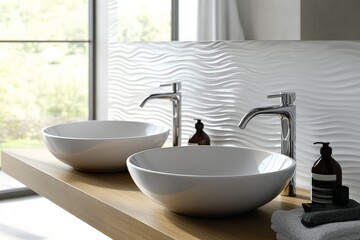 Poster - Modern bathroom design featuring elegant bowls and sleek faucets in a tranquil setting