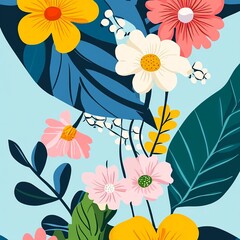 Poster - A delicate vector background featuring lush plants and blooming flowers, creating a fresh and natural atmosphere.

