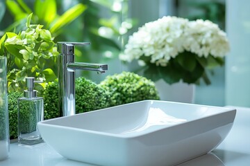 Leinwandbilder - Modern bathroom sink with greenery and elegant decor enhancing a fresh atmosphere