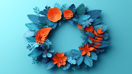 Canvas Print - Paper flower wreath, blue teal background, summer design, greeting card