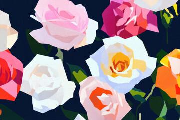Aufkleber - vibrant digital illustration of various colorful roses with dark background, showcasing shades of pink, white, yellow, and orange. abstract style emphasizes floral beauty and contrasts with dark
