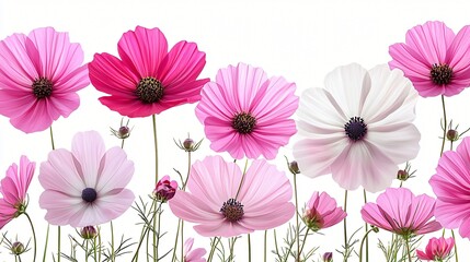 Wall Mural - Pink cosmos flowers border, white background, floral design