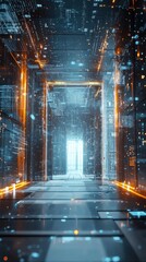 Poster - futuristic digital corridor with high-tech neon lights and data flow