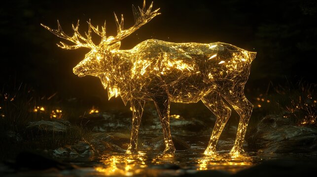 A luminous low-poly golden reindeer standing, reflecting shimmering geometric textures.
