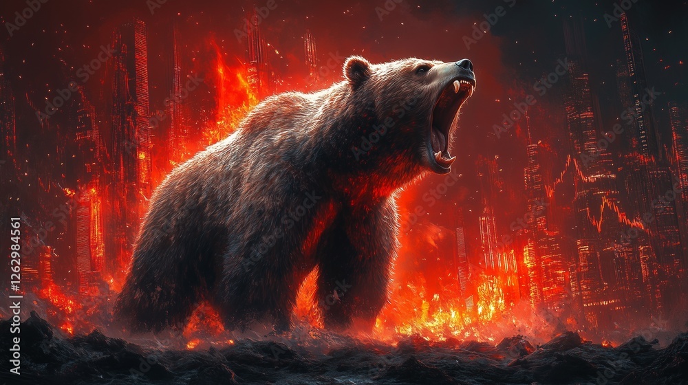 A fierce bear with a red downward stock chart in the background, symbolizing a market crash.