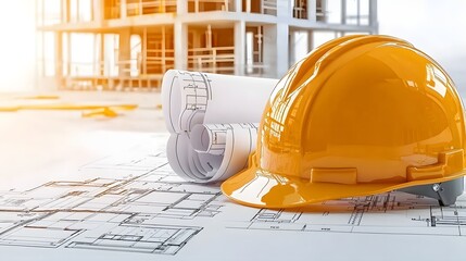 Leinwandbilder - Close up view of detailed architectural blueprints and a protective hard hat placed on a solid surface highlighting the planning engineering and execution of a construction project