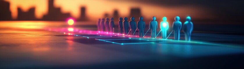 Poster - A futuristic scene depicting illuminated figures in a line, suggesting connection and technology against a vibrant sunset backdrop.