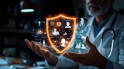 Poster - A healthcare professional holds a glowing shield icon surrounded by digital health symbols, representing protection and technology in medicine.