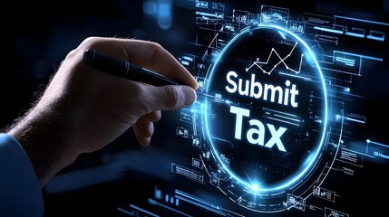 Fototapete - Advanced Digital Finance Concept with Virtual Tax Submission and AI Driven Insights Holographic Screen Displays Tax Summary Reports Payment Verification