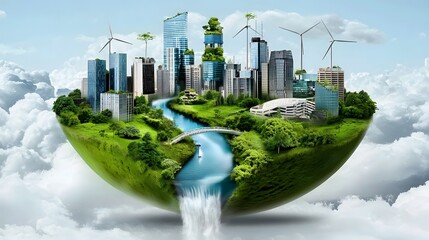 Aufkleber - A visionary floating green city suspended in the air built with cutting edge sustainable architecture and clean energy technologies