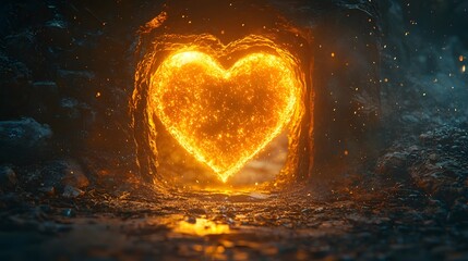 Wall Mural - glowing heart shaped keyhole in radiant golden door with vibrant swirling light and glittering stars