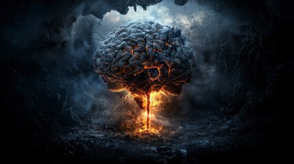 Poster - Devastating explosion of a nuclear brain underground cavern digital art dark environment dramatic perspective