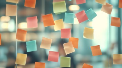 Poster - Vibrant sticky notes scattered on a glass surface symbolize the chaos of multitasking, time management, and approaching deadlines in a busy work environment