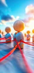 Poster - A group of wooden figures connected by red strings, set against a colorful sunset, symbolizing connection and community.