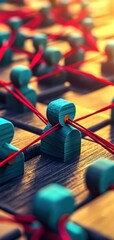 Poster - A visually striking arrangement of wooden figures connected by red threads, symbolizing networking and relationships.