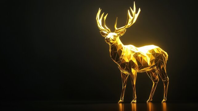 A majestic low-poly golden elk standing, its antlers glowing in polygonal light.