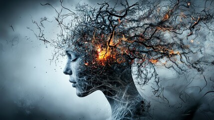 Poster - Disintegrating thoughts unraveling in the air abstract portrait surreal environment conceptual viewpoint