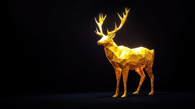 A majestic low-poly golden elk standing, its antlers glowing in polygonal light.