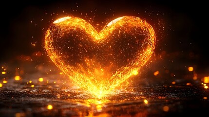 Poster - Glowing Golden Heart Embraced in Radiant Geometric Patterns with Vibrant Light Bursts on Dark Background