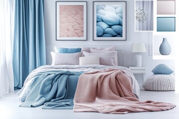 Poster - Cozy bedroom with soft pastel colors and decorative elements for a tranquil atmosphere