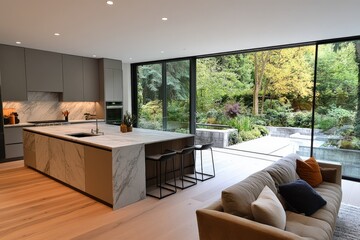 Wall Mural - Modern kitchen design with open layout and large windows overlooking a serene garden in autumn