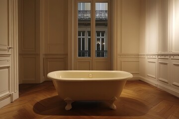 Poster - Luxurious bathroom featuring a vintage bathtub with natural light streaming in during the day