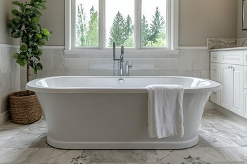 Poster - Elegant freestanding bathtub in a modern bathroom with large windows and stylish decor