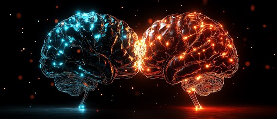 Poster - A digital brain merging with a biological brain, symbolizing the fusion of artificial intelligence and human brainpower, glowing neural connections, ultradetailed, highdefinition