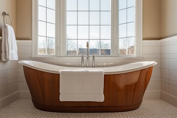Poster - Elegant wooden bathtub with white towel in sunny bathroom overlooking a beautiful landscape