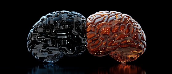 Poster - A digital brain merging with a biological brain, symbolizing the fusion of artificial intelligence and human brainpower, glowing neural connections, ultradetailed, highdefinition