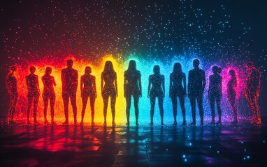 Poster - Group of people with digital connections forming a network, symbolizing social media, communication, and human resources, AIgenerated, neon glowing lines, modern aesthetic