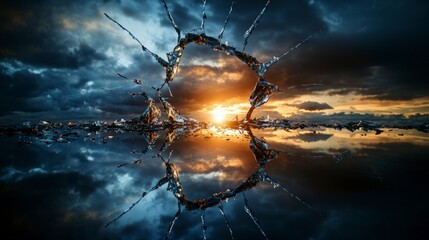 Poster - Reflections of isolation broken mirror abstract art dramatic landscape sunrise view inner struggles